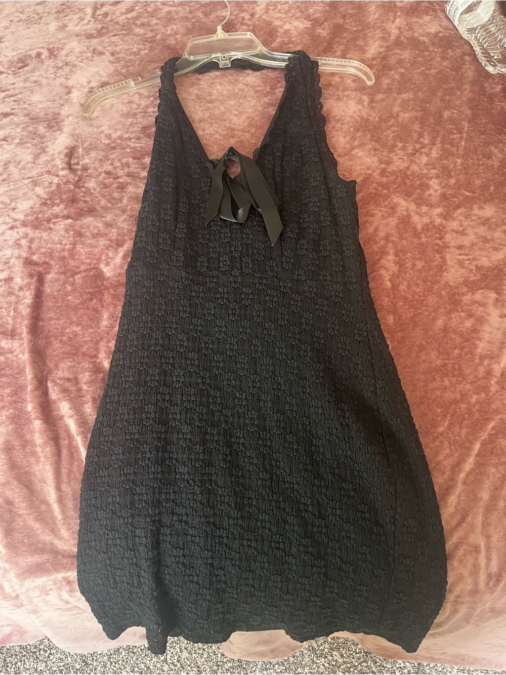 Black Sleeveless Textured Mini Dress with Ribbon Tie